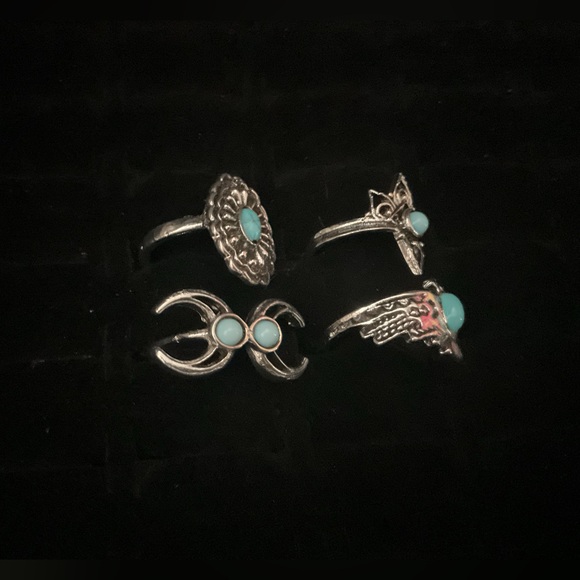 New x4 Silver Tone Ring Synthetic Turquoise Moon Bird Boho Fashion Set Size 5/6 - Picture 3 of 6